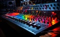 Colorful Audio Spectrum Display over Sound Mixer Console in a Dark Recording Studio Royalty Free Stock Photo