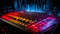 Colorful Audio Spectrum Display over Sound Mixer Console in a Dark Recording Studio Royalty Free Stock Photo