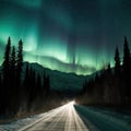 Colorful aurora borealis, polar lights at night, winter landscape with mountains and road Royalty Free Stock Photo
