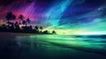 A colorful aurora lights up the sky over a beach, AI