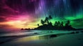 A colorful aurora over the ocean and palm trees, AI