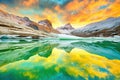 colorful aurora reflected on an icy glacier surface