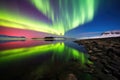 colorful aurora reflected in tranquil waters of an arctic lake