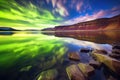 colorful aurora reflected in tranquil waters of an arctic lake