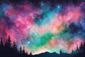 Colorful auroras in the sky in the mountains and forests at night Royalty Free Stock Photo