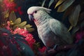 Colorful Australian Cockatoo Parrot in Tropical Rainforest with Exotic Plants and Flowers. Generative AI