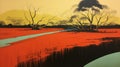 Colorful Australian Landscape Painting: Marsh - 1970s Screen Printed Color Blocking Royalty Free Stock Photo