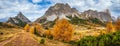 Colorful autumn alpine Dolomites mountain scene, Sudtirol, Italy. Peaceful view from Falzarego Path