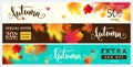 Colorful autumn banner set. Fall sale background with bright maple leaves
