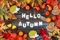 Colorful Autumn Decoration, Text Hello Autumn, Wooden Background