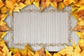 Colorful autumn dry leaves border frame on white painted rustic barn wood blanks background. Empty space for copy, text, lettering Royalty Free Stock Photo