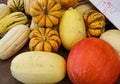 Winter squash, gourds at a fall outdoor market stall Royalty Free Stock Photo