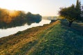 Colorful autumn forest landscape at sunset, trees near river and sky, bright sunlight reflected in water Royalty Free Stock Photo