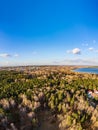 Colorful autumn forest with trees on the shore of a blue lake - top aerial view Royalty Free Stock Photo