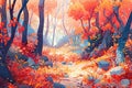 Colorful autumn forest with winding narrow path. Generative AI illustration in storybook style