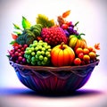 Colorful Autumn Fruits and Vegetables in a Wicker Bowl Generative AI Royalty Free Stock Photo