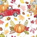 Colorful autumn harvest seamless pattern with red pickup truck and pumpkins, flowers and leaf oon white background. Royalty Free Stock Photo