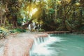 Colorful autumn landscape Beautiful waterfall amidst the rich and beautiful rainforest in Thailand, Lampang nature