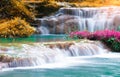 Colorful autumn landscape Beautiful waterfall amidst the rich and beautiful rainforest in Thailand, Lampang nature