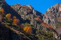 Colorful autumn landscape in the Caucasus mountains, colorful forest in Kazbegi, Georgia Royalty Free Stock Photo