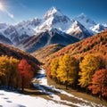 Colorful autumn landscape in the Caucasus mountains. Sunny morning scene with mountain Ushba on the background. Royalty Free Stock Photo