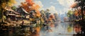 Colorful autumn landscape with lake, boat and old wooden houses. Digital oil color painting illustration Royalty Free Stock Photo