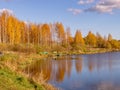 Autumn landscape by the lake, golden autumn, colorful trees and reflections Royalty Free Stock Photo