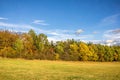 Colorful autumn landscape with meadow and trees under blue sky Royalty Free Stock Photo