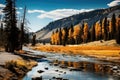 Colorful autumn landscape with mountain river and yellow larch trees. Autumn landscape in Yellowstone, AI Generated