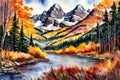Colorful autumn landscape with mountains and river,  Digital watercolor painting Royalty Free Stock Photo