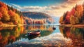 Colorful autumn landscape.Nature background.Boat on the lake in the autumnal forest Royalty Free Stock Photo