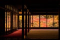 Colorful autumn leaf from Tenju-an building window, Kyoto Royalty Free Stock Photo