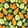 Colorful autumn leafs pattern in warm colors, seamless. Falls leaves background repeat. Trendy flat design with texture.