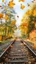 Colorful autumn leaves falling down on railway tracks Royalty Free Stock Photo