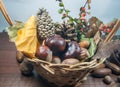 Colorful autumn with leaves, pine cones, chestnuts and acorn Royalty Free Stock Photo