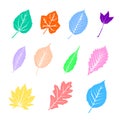 Colorful autumn leaves set, isolated on white background. Simple cartoon flat style, vector illustration. Royalty Free Stock Photo