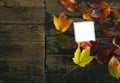 Colorful Autumn leaves on wood background with copy space and a blank photograph with white space to add image