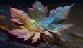 Colorful autumn maple leaf with water drops on a dark background.