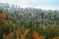 Colorful autumn in the mountains. First snow in october