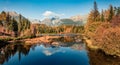 Colorful autumn panorama of Strbske pleso lake. Calm morning view of High Tatra National Park, Slovakia, Europe. Beauty of nature Royalty Free Stock Photo