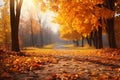 Colorful autumn park scene: golden trees, sunlight, leaves falling naturally