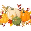 Colorful autumn pumpkins, forest leaves and berries horizontal seamless background. Vector illustration Royalty Free Stock Photo