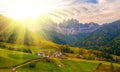 Colorful autumn scenery in Santa Maddalena village at sunrise. Dolomite Alps, South Tyrol, Italy Royalty Free Stock Photo