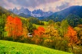 Colorful autumn scenery in Santa Maddalena village at sunrise. Dolomite Alps, South Tyrol, Italy Royalty Free Stock Photo