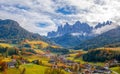 Colorful autumn scenery in Santa Maddalena village at sunny day. Dolomite Alps, South Tyrol, Italy Royalty Free Stock Photo