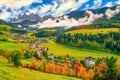 Colorful autumn scenery in Santa Maddalena village at sunny day. Dolomite Alps, South Tyrol, Italy Royalty Free Stock Photo
