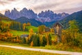 Colorful autumn scenery in Santa Maddalena village at sunrise. Dolomite Alps, South Tyrol, Italy Royalty Free Stock Photo