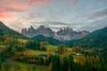 Colorful autumn scenery in Santa Maddalena village at sunrise. Dolomite Alps, South Tyrol, Italy. Royalty Free Stock Photo