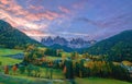 Colorful autumn scenery in Santa Maddalena village at sunrise. Dolomite Alps, South Tyrol, Italy. Royalty Free Stock Photo