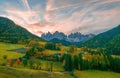 Colorful autumn scenery in Santa Maddalena village at sunrise. Dolomite Alps, South Tyrol, Italy. Royalty Free Stock Photo